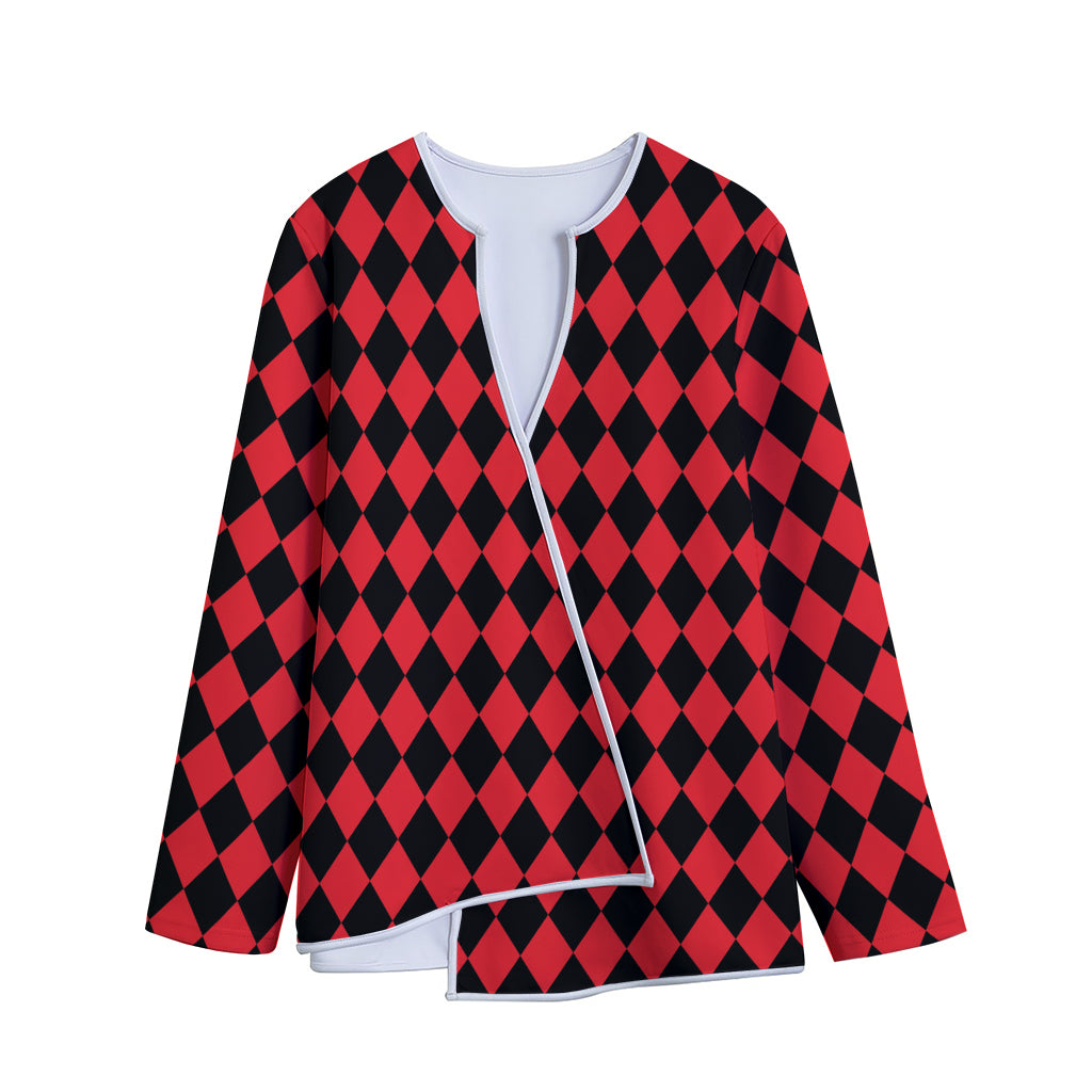 Red And Black Harlequin Pattern Print Long Sleeve Short Coat