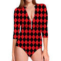 Red And Black Harlequin Pattern Print Long Sleeve Swimsuit