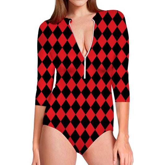 Red And Black Harlequin Pattern Print Long Sleeve Swimsuit