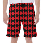 Red And Black Harlequin Pattern Print Men's Beach Shorts