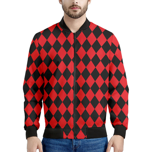Red And Black Harlequin Pattern Print Men's Bomber Jacket