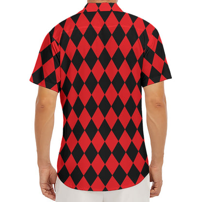 Red And Black Harlequin Pattern Print Men's Deep V-Neck Shirt