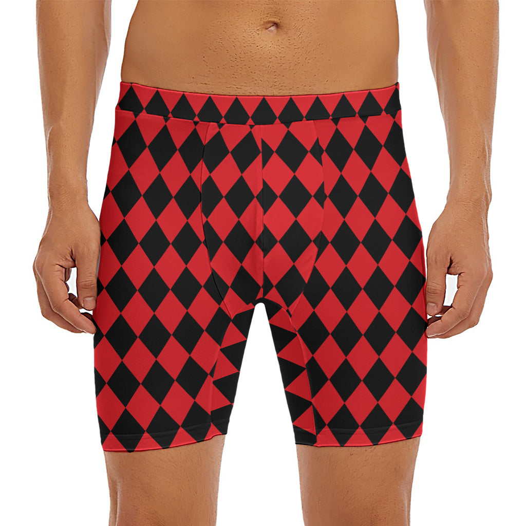Red And Black Harlequin Pattern Print Men's Long Boxer Briefs