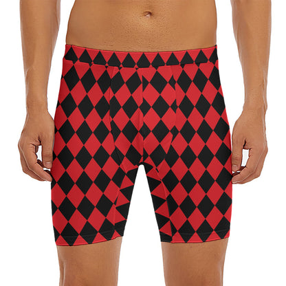 Red And Black Harlequin Pattern Print Men's Long Boxer Briefs