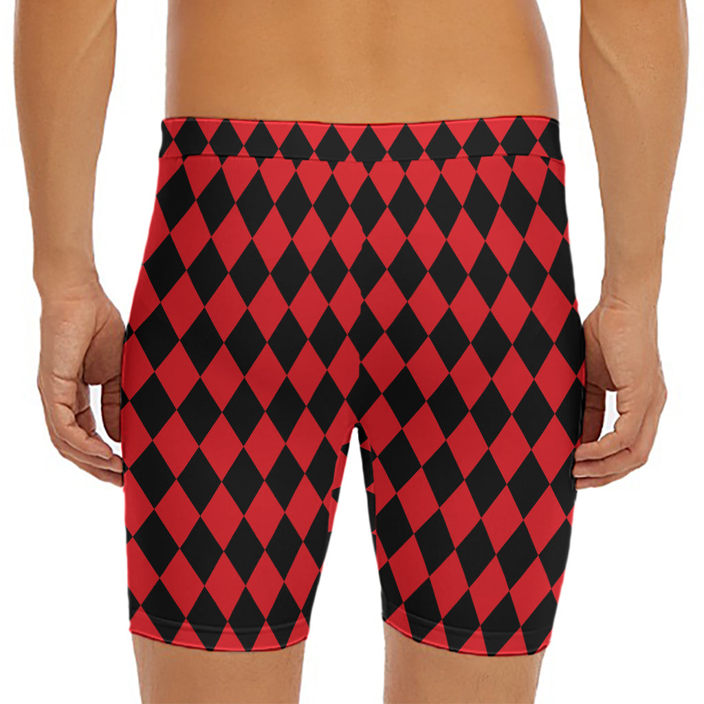 Red And Black Harlequin Pattern Print Men's Long Boxer Briefs