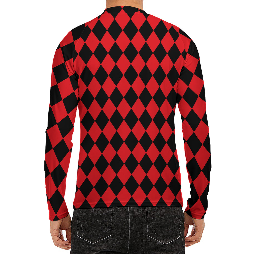 Red And Black Harlequin Pattern Print Men's Long Sleeve Rash Guard