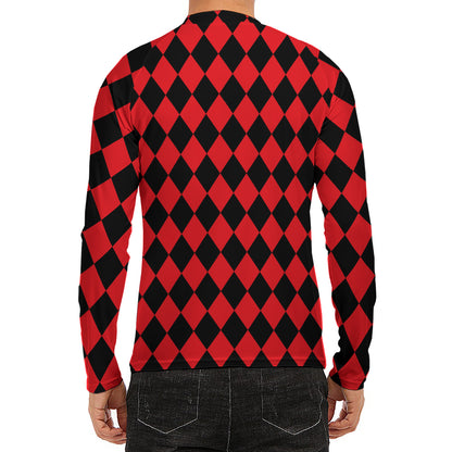 Red And Black Harlequin Pattern Print Men's Long Sleeve Rash Guard