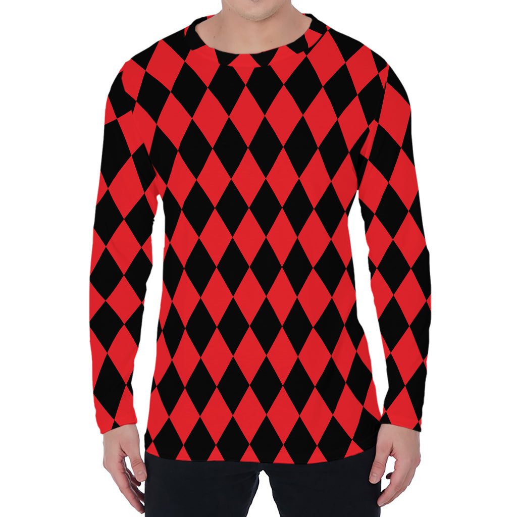 Red And Black Harlequin Pattern Print Men's Long Sleeve T-Shirt