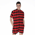Red And Black Harlequin Pattern Print Men's Romper