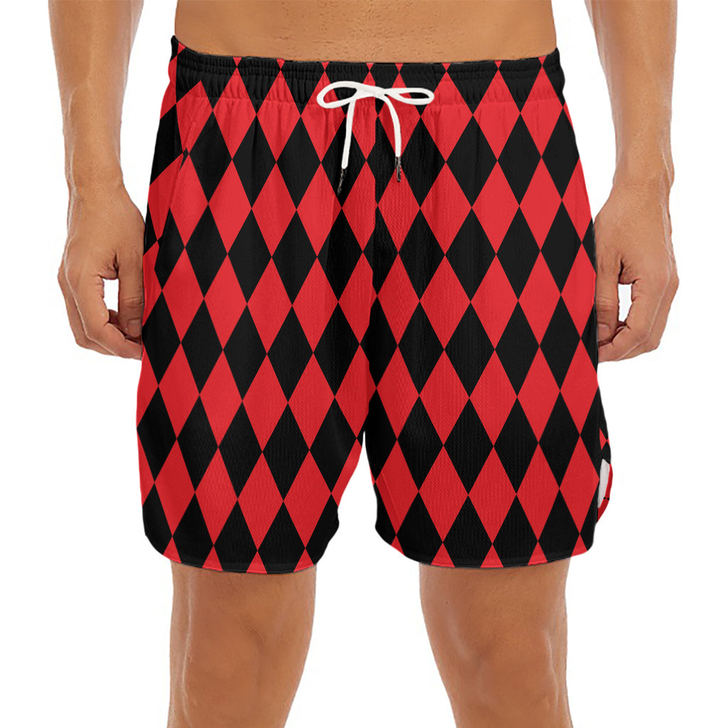 Red And Black Harlequin Pattern Print Men's Split Running Shorts