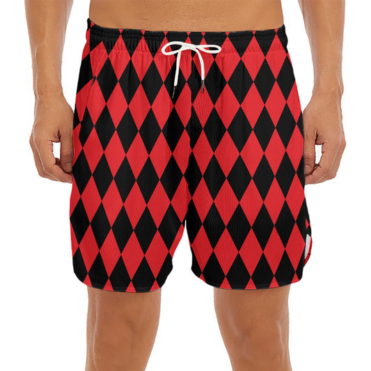 Red And Black Harlequin Pattern Print Men's Split Running Shorts