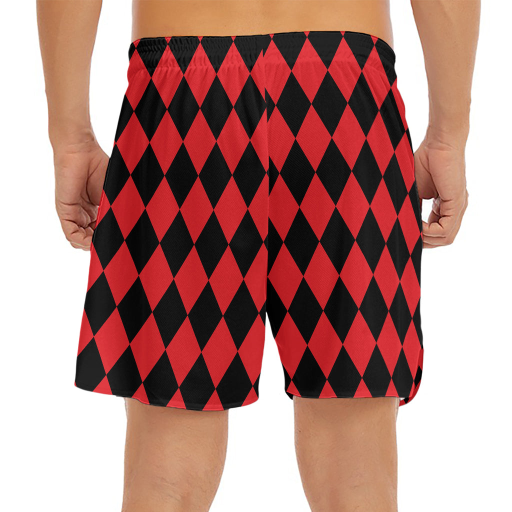Red And Black Harlequin Pattern Print Men's Split Running Shorts