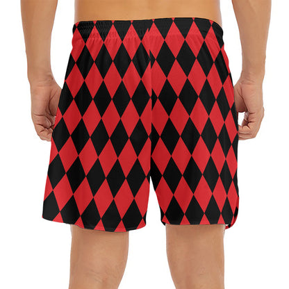 Red And Black Harlequin Pattern Print Men's Split Running Shorts