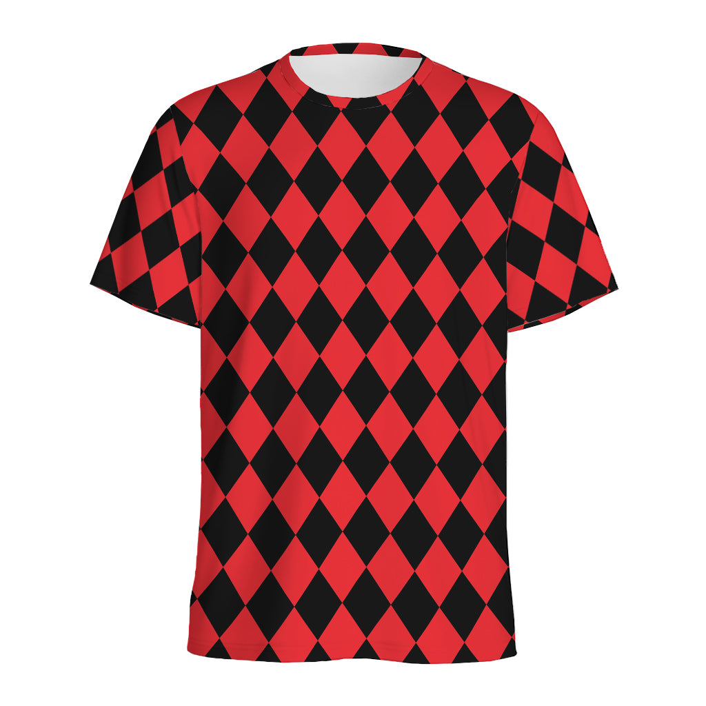 Red And Black Harlequin Pattern Print Men's Sports T-Shirt