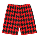 Red And Black Harlequin Pattern Print Men's Swim Trunks