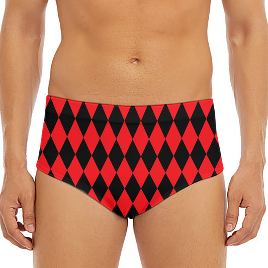 Red And Black Harlequin Pattern Print Men's Triangle Swim Briefs