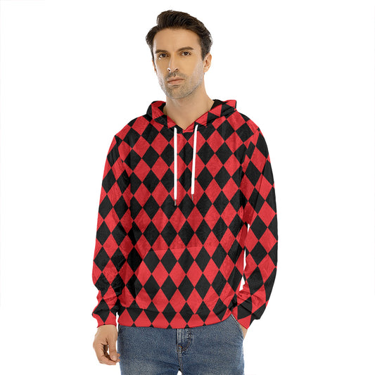Red And Black Harlequin Pattern Print Men's Velvet Pullover Hoodie