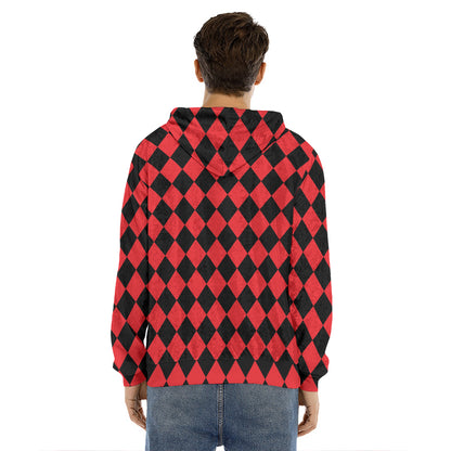 Red And Black Harlequin Pattern Print Men's Velvet Pullover Hoodie
