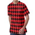 Red And Black Harlequin Pattern Print Men's Velvet T-Shirt