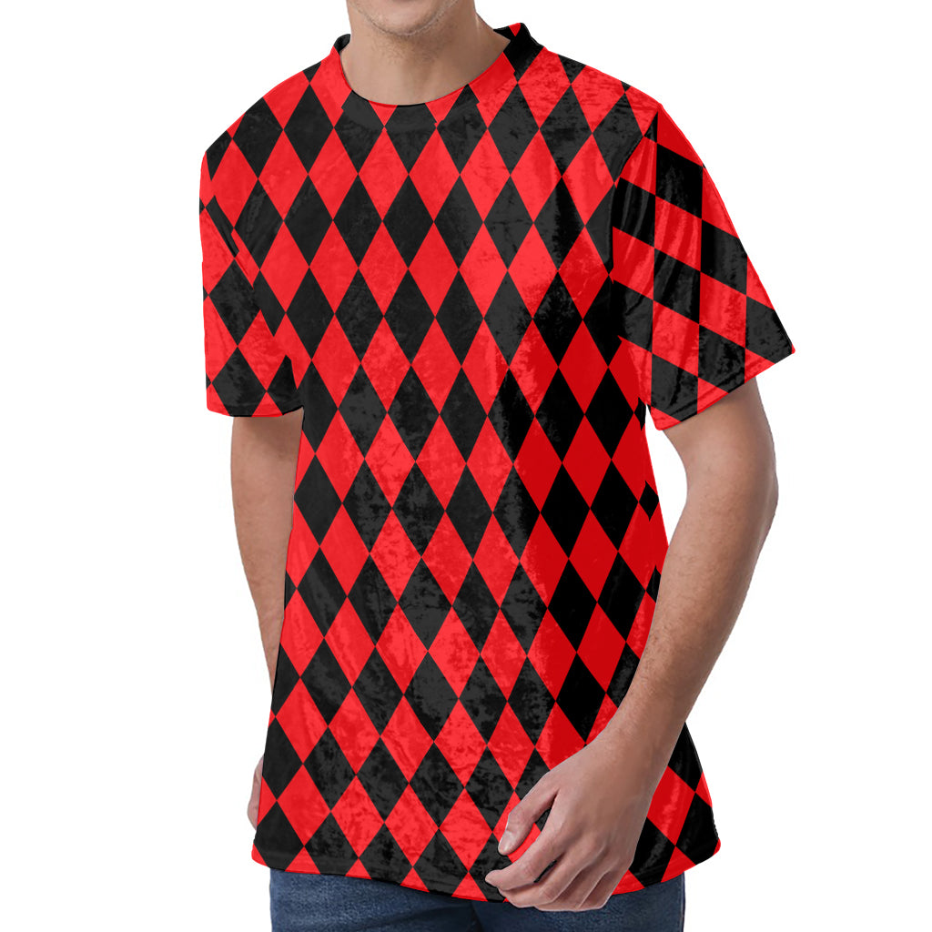 Red And Black Harlequin Pattern Print Men's Velvet T-Shirt