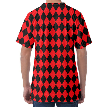 Red And Black Harlequin Pattern Print Men's Velvet T-Shirt