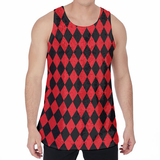 Red And Black Harlequin Pattern Print Men's Velvet Tank Top