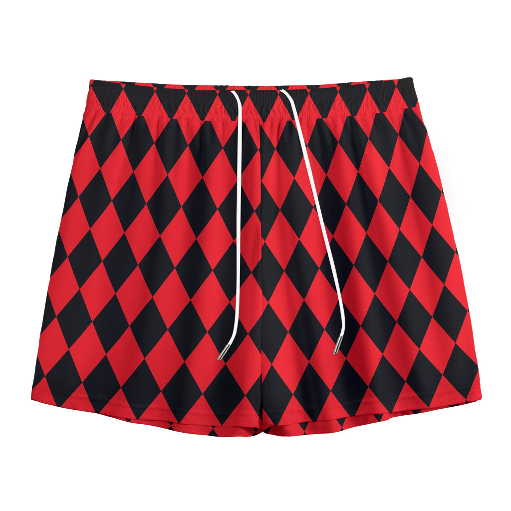 Red And Black Harlequin Pattern Print Mesh Shorts