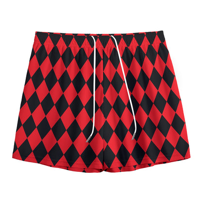 Red And Black Harlequin Pattern Print Mesh Shorts