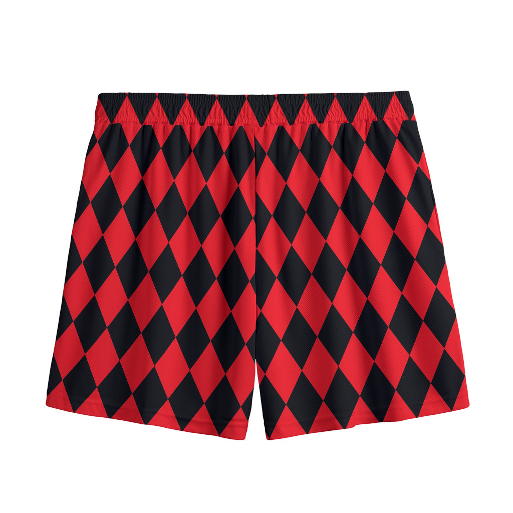 Red And Black Harlequin Pattern Print Mesh Shorts