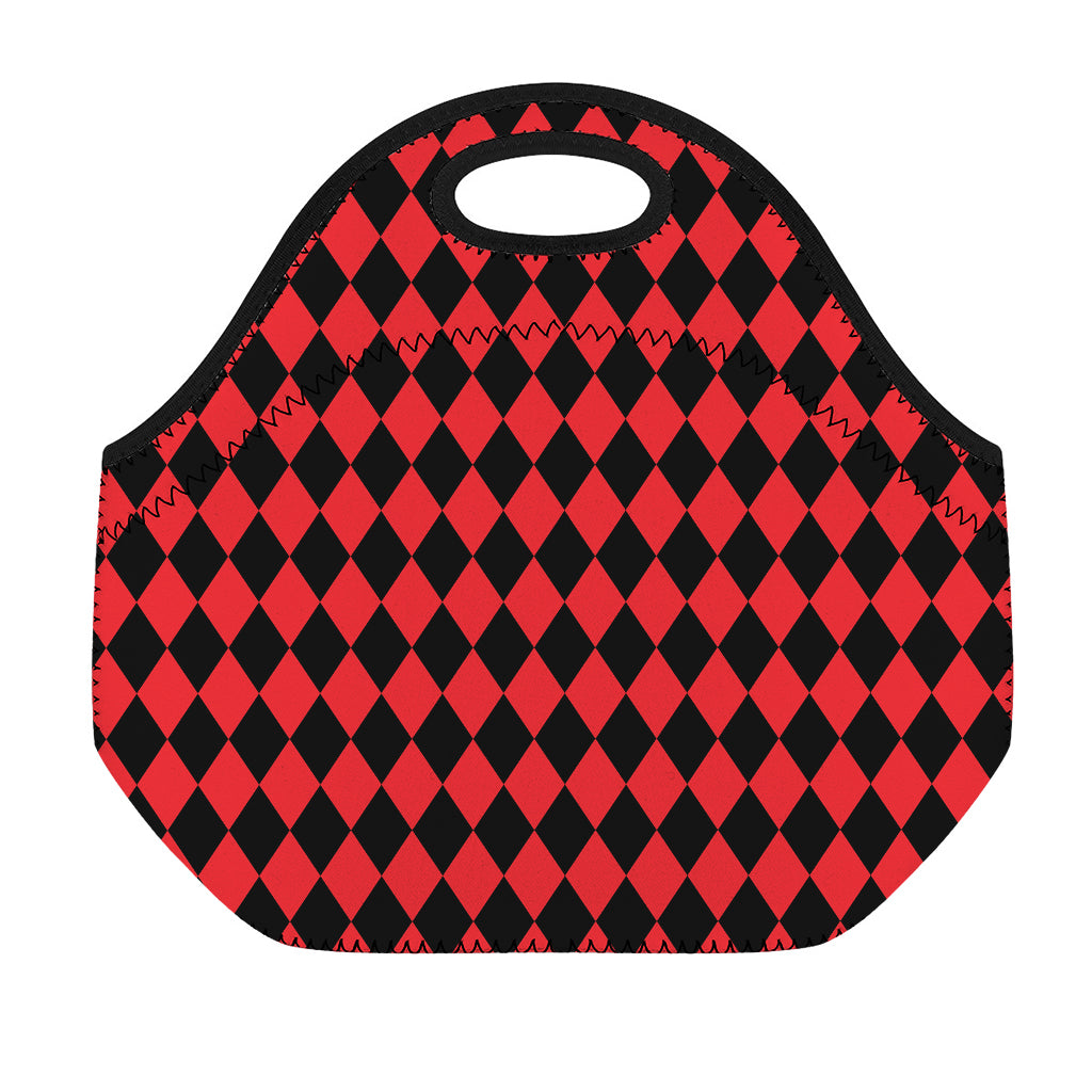 Red And Black Harlequin Pattern Print Neoprene Lunch Bag