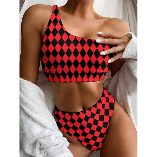 Red And Black Harlequin Pattern Print One Shoulder Bikini Top