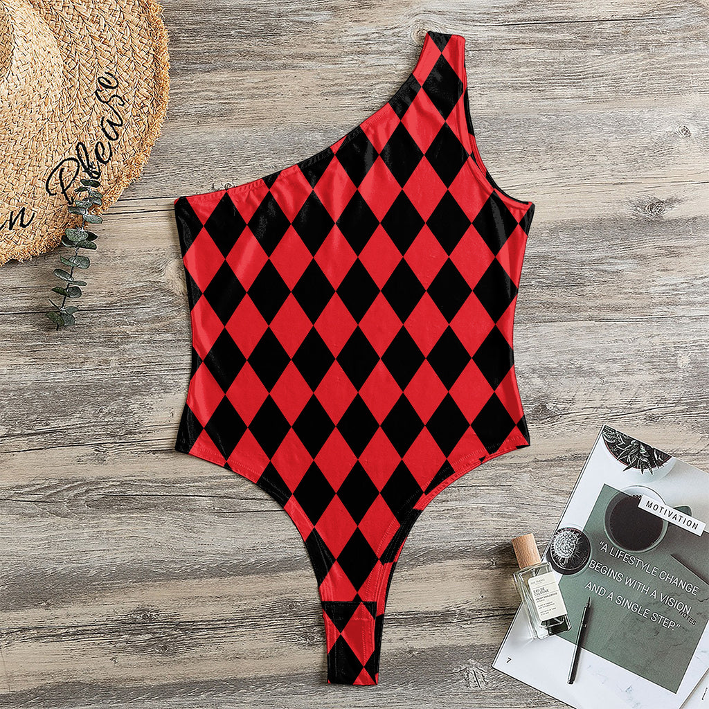 Red And Black Harlequin Pattern Print One Shoulder Bodysuit