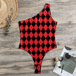 Red And Black Harlequin Pattern Print One Shoulder Bodysuit