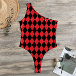 Red And Black Harlequin Pattern Print One Shoulder Bodysuit