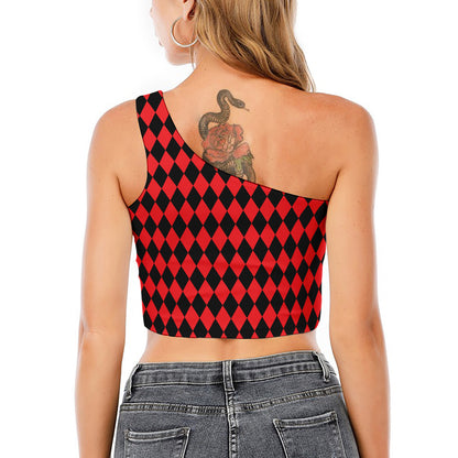 Red And Black Harlequin Pattern Print One Shoulder Crop Top