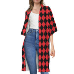 Red And Black Harlequin Pattern Print Open Front Beach Cover Up
