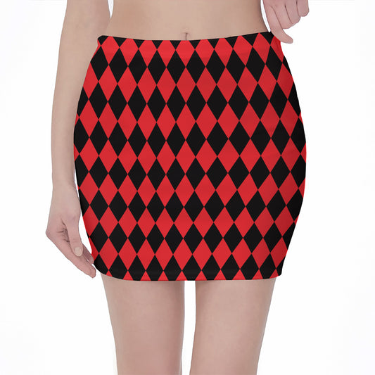 Red And Black Harlequin Pattern Print Pencil Mini Skirt