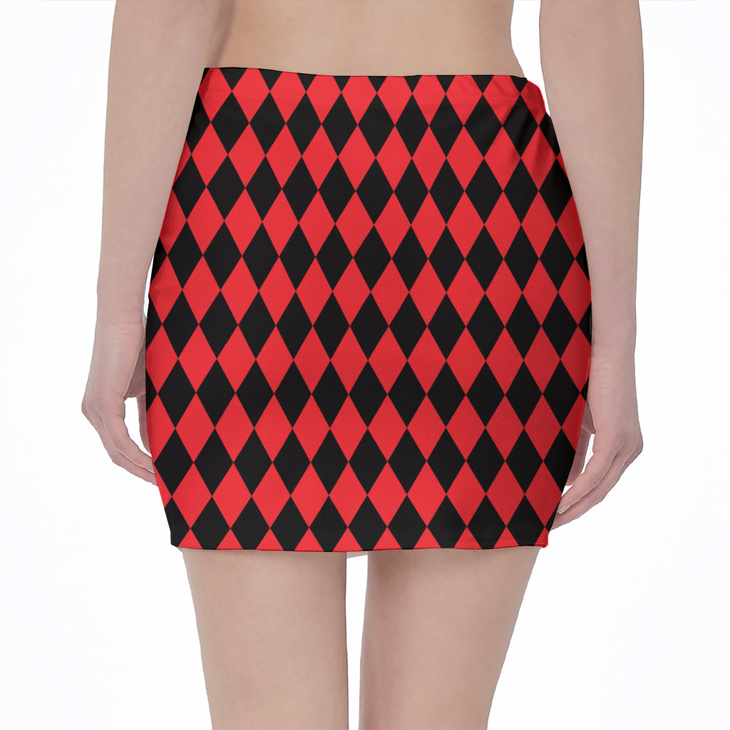Red And Black Harlequin Pattern Print Pencil Mini Skirt