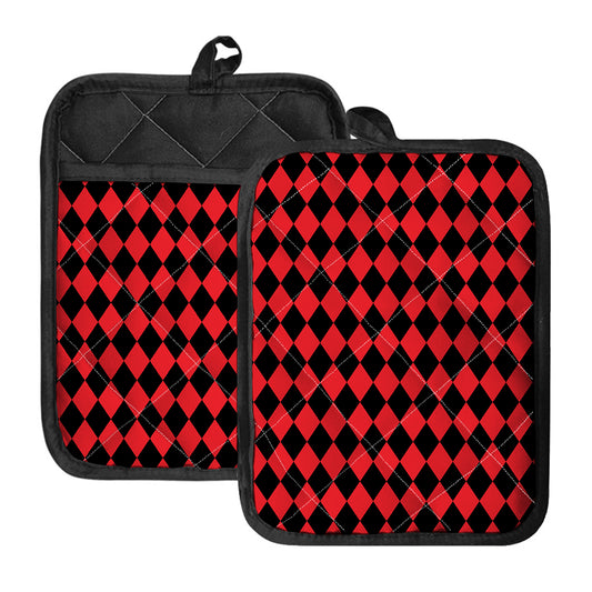 Red And Black Harlequin Pattern Print Pot Holders With Pocket