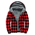 Red And Black Harlequin Pattern Print Sherpa Lined Zip Up Hoodie