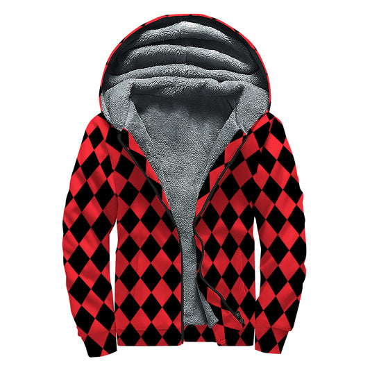 Red And Black Harlequin Pattern Print Sherpa Lined Zip Up Hoodie