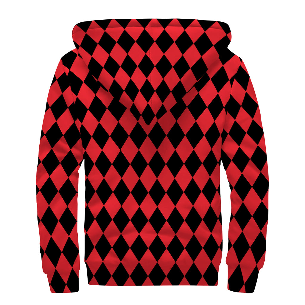 Red And Black Harlequin Pattern Print Sherpa Lined Zip Up Hoodie