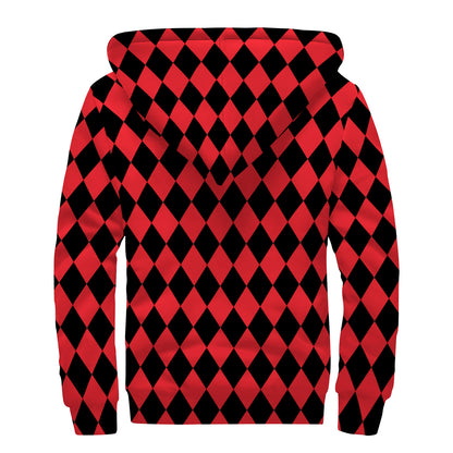 Red And Black Harlequin Pattern Print Sherpa Lined Zip Up Hoodie