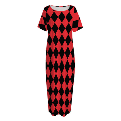 Red And Black Harlequin Pattern Print Short Sleeve Long Nightdress
