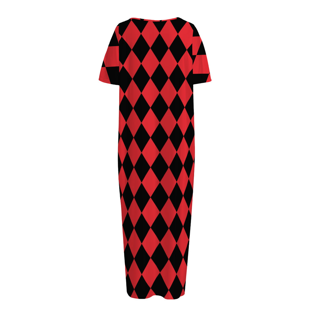 Red And Black Harlequin Pattern Print Short Sleeve Long Nightdress