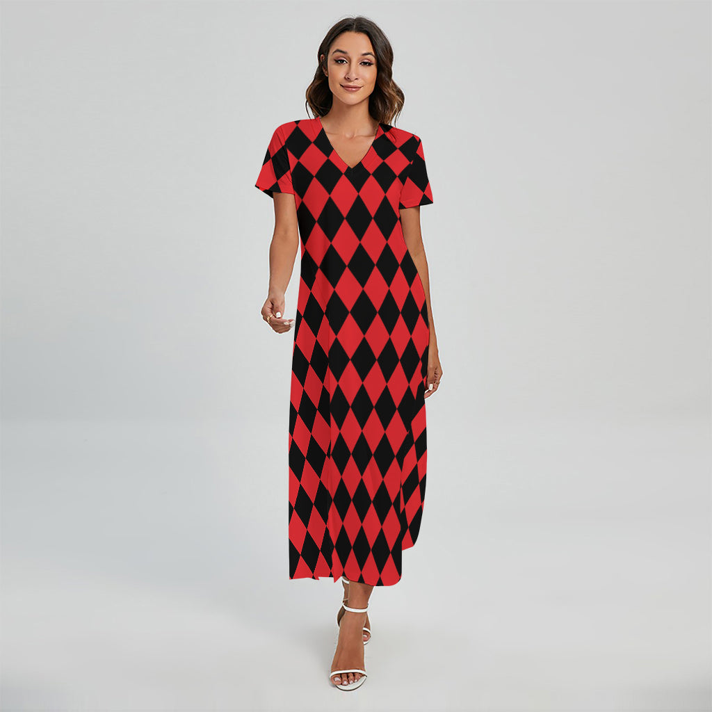 Red And Black Harlequin Pattern Print Short Sleeve Maxi Dress