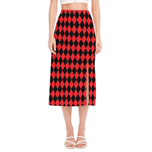 Red And Black Harlequin Pattern Print Side Slit Midi Skirt