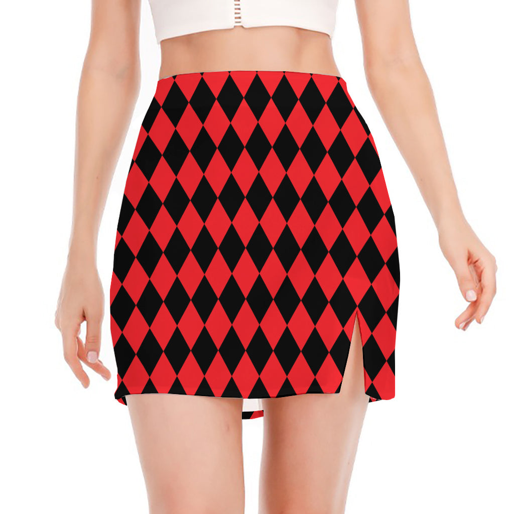 Red And Black Harlequin Pattern Print Side Slit Mini Skirt