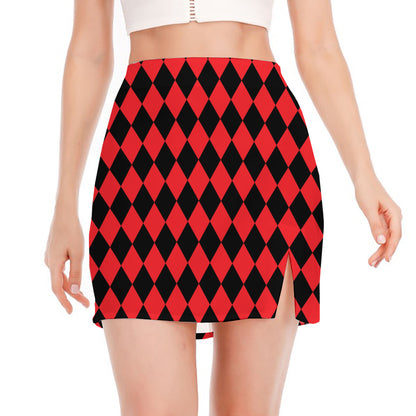 Red And Black Harlequin Pattern Print Side Slit Mini Skirt