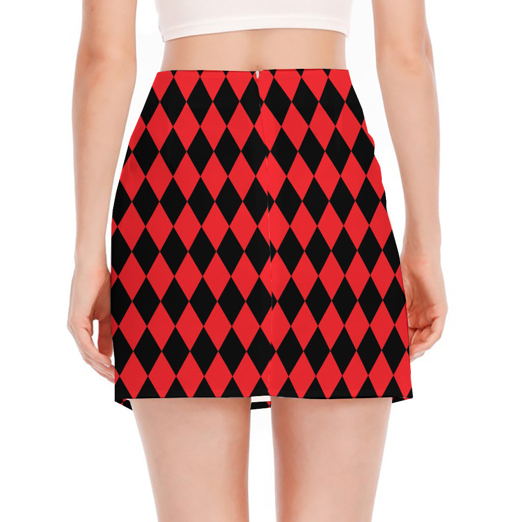 Red And Black Harlequin Pattern Print Side Slit Mini Skirt